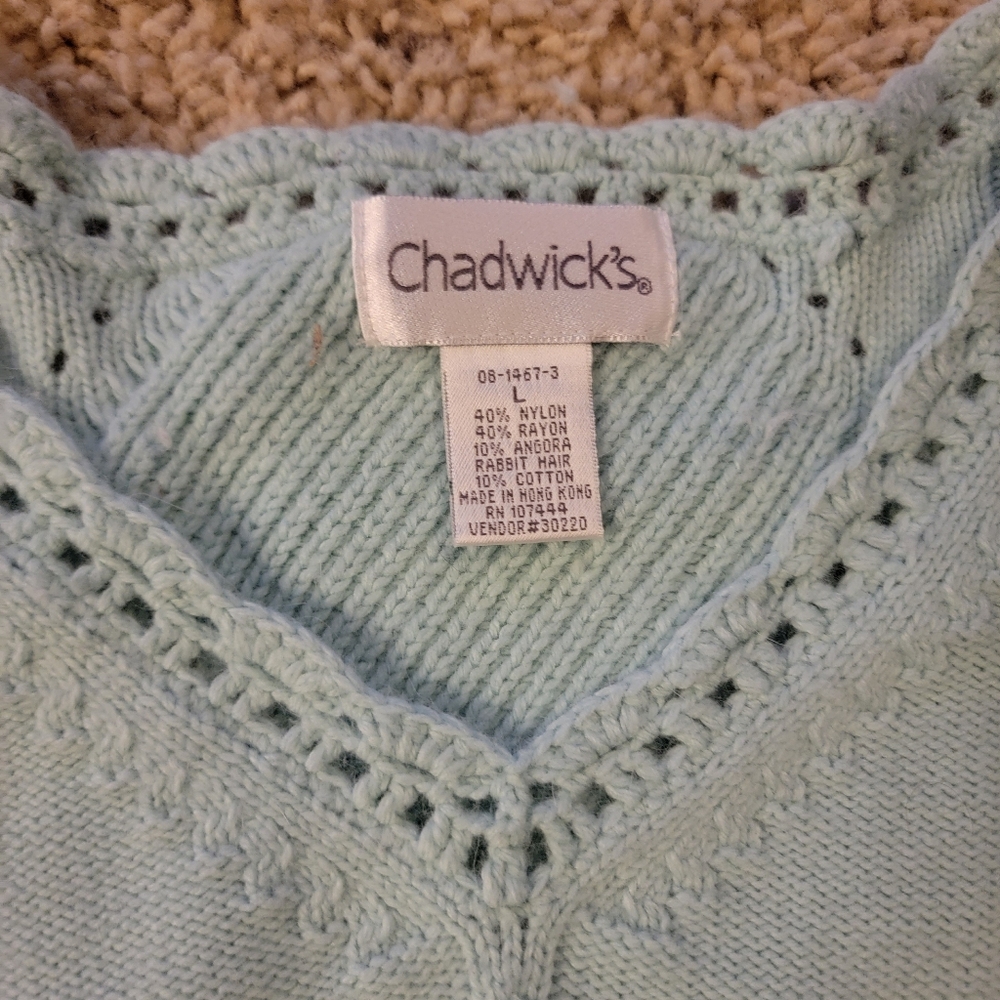 Chadwick’s Light Blue Cable Knit V-Neck Sweater Size Large - Picture 4 of 7